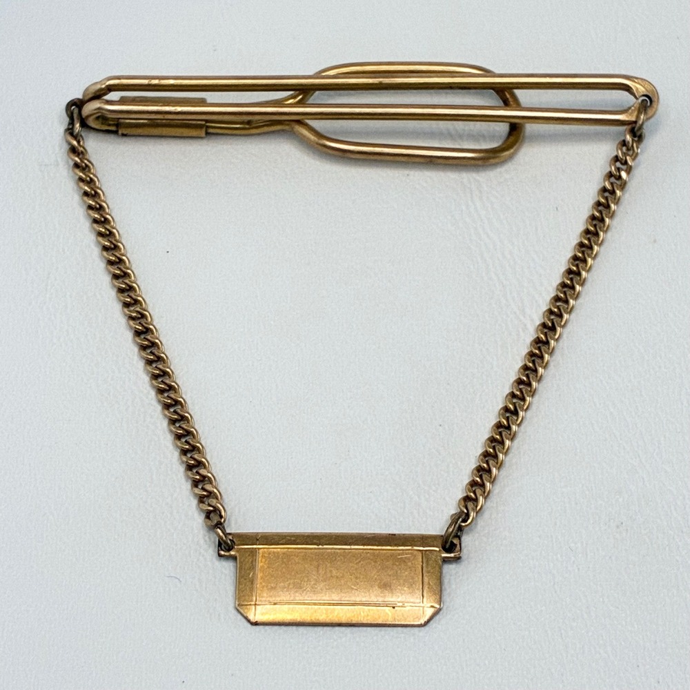 Vintage Swank Tie Chain Gold Filled Bar Clip Plaque Curb Link Mens Accessory